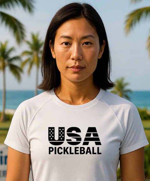 USA Pickleball Strips & Stars | Short Sleeve Performance Tee by Pepini Pickleball β white Pickleball T-Shirt front view